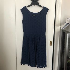 Navy cap sleeve lace midi dress